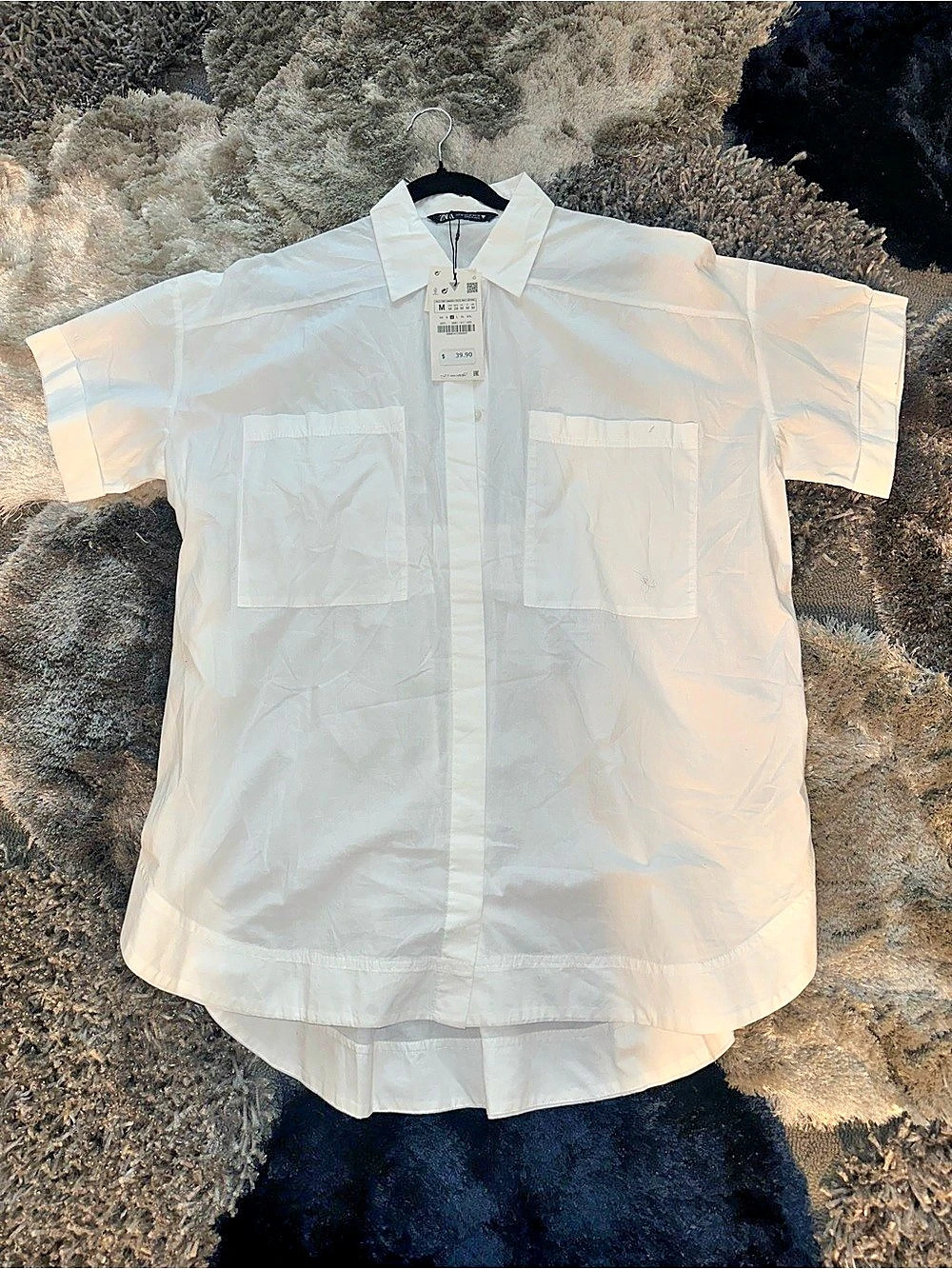 ZARA White Smocked Waist Button Down Shirt Short Sleeve NWT M
